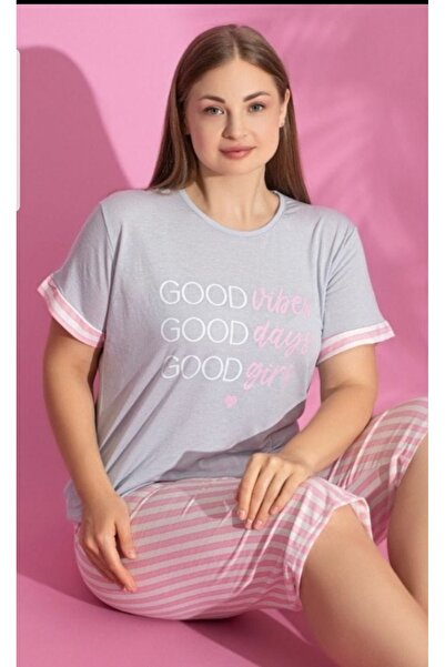 Muka kadın kısa kollu kapri büyük beden pijama takımı