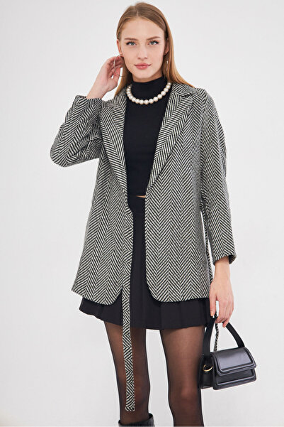 armonika Women's Khaki Side Tied Fish Back Patterned Stamp Jacket Arm-25K 001019