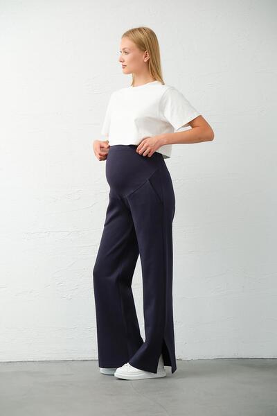 BUSA Hamile Esnek Karın Bantlı Yandan Yırtmaçlı Beli Ayarlanabilir Alt Eşofman Koyu Lacivert