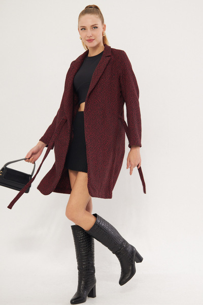 armonika Ženski crveni kaput od kašmira sa prugama, vezanim sa strane i džepo...