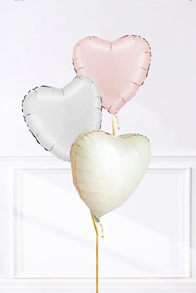 PEKSHOP Saten ve Retro Renkler Kalp Balon Demeti 3'lü Pastel Saten Beyaz Pemb...