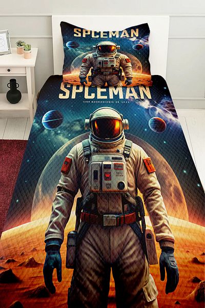 Else Dekor Set cuvertură de pat matlasată pentru copii, cu model astronaut, planetă spațială