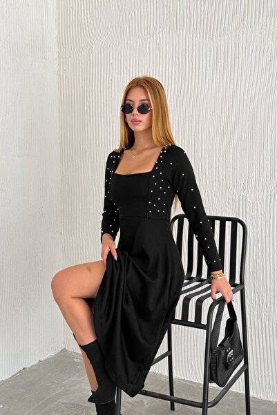 Neşeli Butik rochie de damă cu guler pătrat cu perle din lycra NBK2201