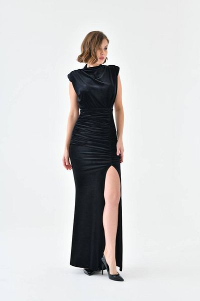 Neşeli Butik Women Black Velvet Wadded Long Evening Dress Nbs9338