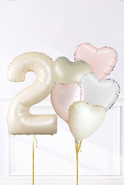 PEKSHOP Saten Pembe Beyaz Retro Krem Renkler Kalp ve Yaş Rakamlı Doğum Günü B...