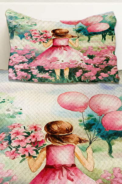 Else Dekor Pink Balloon Princess Girl Patterned Children's Single Pique Set Quilted Bedspread