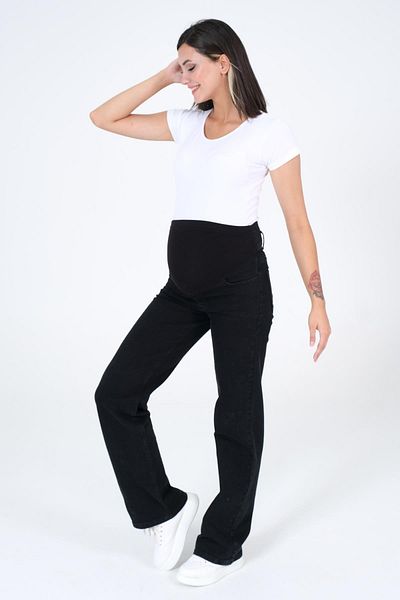 BUSA Pregnant Wrap-Around Flexible Banded Wide Leg Jeans with Back Belt Anthracite