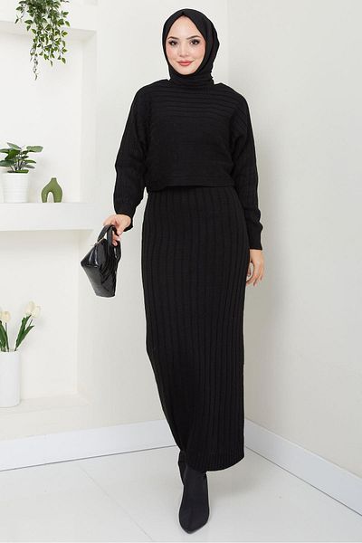 hafsamina Black Knitwear Gilet Blouse and Trousers Set - Hm2551