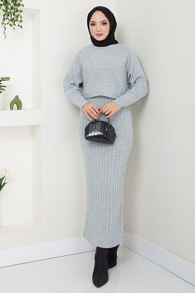 hafsamina Gray Knitwear Gilet Blouse and Trousers Set - Hm2551
