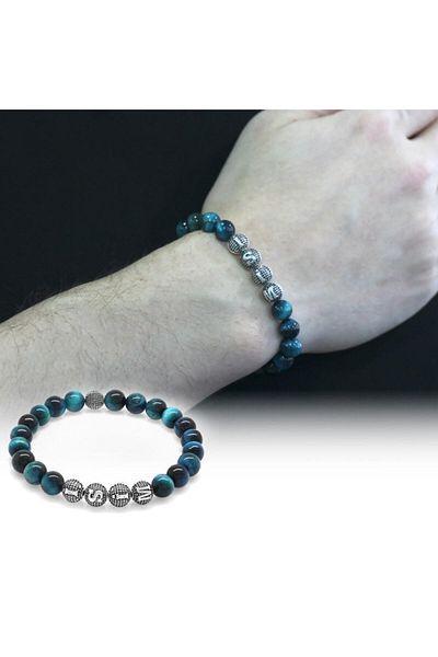 Tesbihane Turquoise Tiger Eye Metal Combination Globe Cut Natural Stone Bracelet