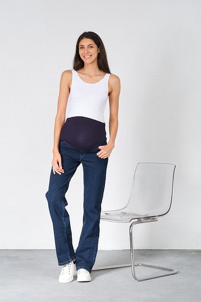 BUSA Pregnant Wrap-Around Flexible Banded Wide Leg Jeans with Back Belt Navy Blue