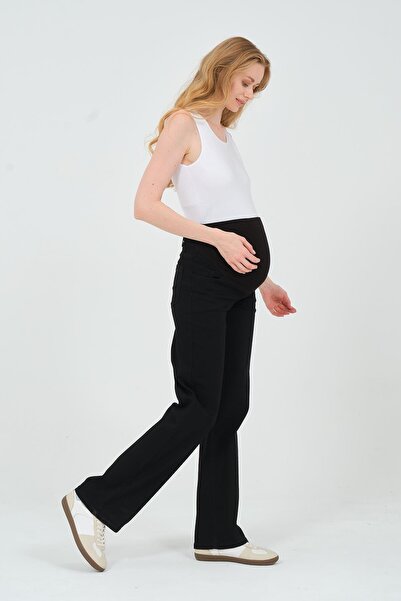 BUSA Těhotné zavinovací flexibilní páskovaný zadní pás se širokými nohavicemi černé