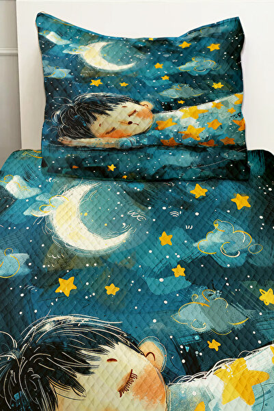 Else Dekor Blue Yellow Moon Sleeping Child Patterned Boy's Single Pique Set Quilted Bedspread