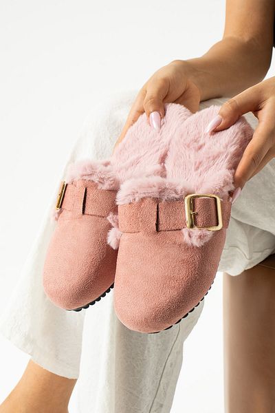 Moda Devrin Papuci de pluș cu cataramă din piele intoarsa pudra