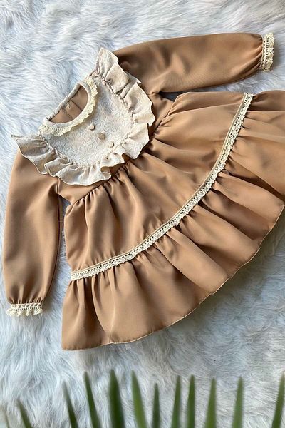 Bertuğ Bebek Camel Brown Colored Special Design Lace and Button Detailed Baby Girl's Evening Dress