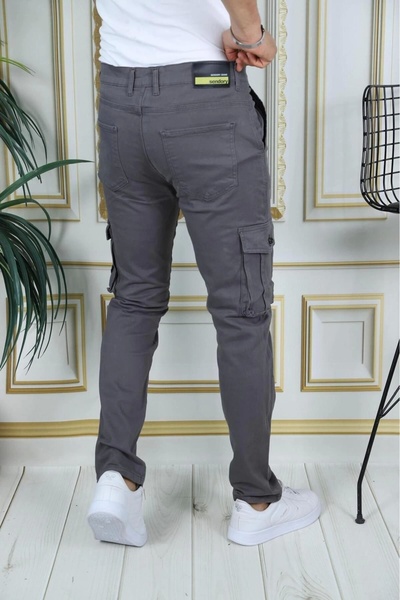 PHANTOM JEANS Erkek Gri Likralı Kargo Pantolon Esnek Gabardin/kanvas Körüklü Cep Komando Kargo Cep Şık Pantolon
