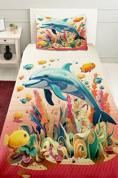 Else Dekor Fishes Dolphin Sea Patterned Girl's Single Pique Set Quilted Bedspread