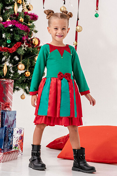 Beniizle Χριστουγεννιάτικο φόρεμα για κορίτσι με λεπτομέρεια φιόγκου και γιακά κλόουν