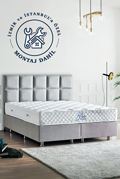 Niron Blue Pocket Yatak Seti Çift Kişilik 160x200 Üst Sınıf Paket Yaylı Yatak Lüks Metal Baza Keten Başlık