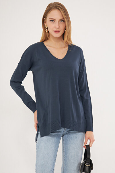 armonika Women's Navy Blue V-Neck Front Short Rear Long Knitwear Sweater ARM-22Y012013