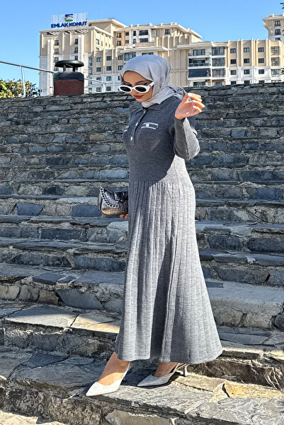 QLAY Γυναικείο φόρεμα ανθρακί με κουμπιά κοτλέ