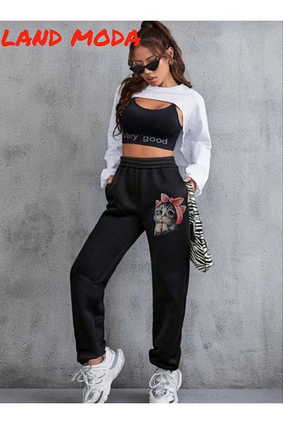 LAND MODA Μαύρο αθλητικό εμπριμέ ανδρικό παντελόνι Jogger - Slim Fit με ελαστικά πόδια και τσέπες