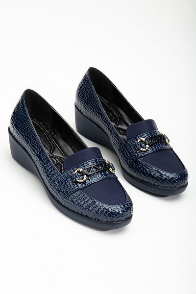Dilimler Ayakkabı Navy Blue Patent Leather Crocodile Printed Wedge Heel Women's Shoes