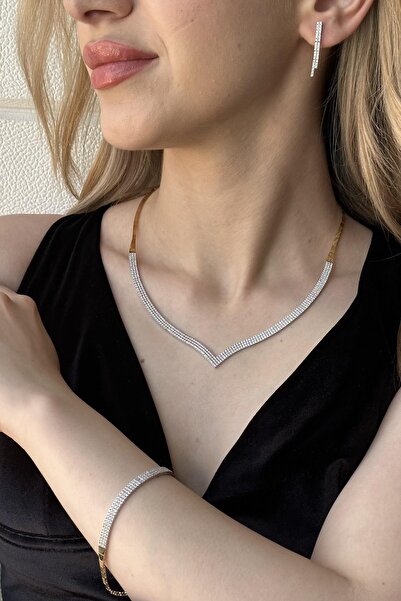 ZÜMRÜT SARRAF 14 Ayar Altın Su Yolu 3 Sıra Zirkon Taşlı Kolye Bileklik Küpe Ü...