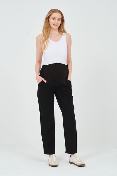 BUSA Maternity Stretchable Abdominal Band Adjustable Waist Mom Fit Gabardine Trousers Black