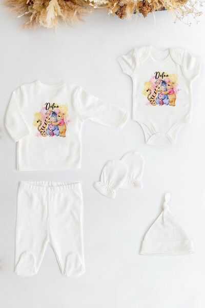 Lilabio %100 Organik Isme Özel Isimli 5li Hastane Çıkışı Alt Üst Takım Set Wi...