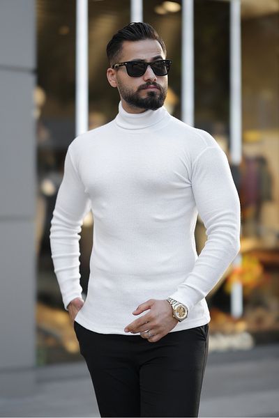 Butik Men's White Turtleneck Knitwear Sweater