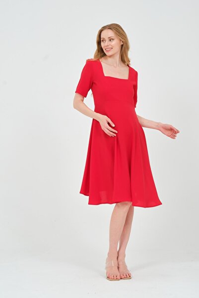 BUSA Red Maternity Midi Evening Dress - Square Collar, Short Sleeve Dress