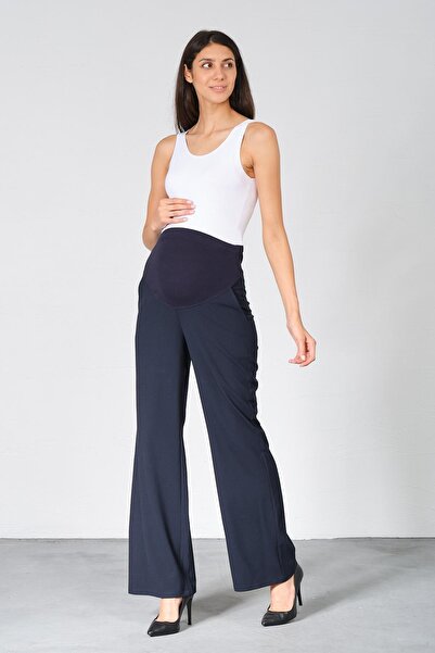 BUSA Pregnant Flexible Abdominal Banded Waist Adjustable Wide Leg Gabardine Trousers Navy Blue