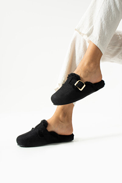 Moda Devrin Black Suede Buckle Inside Plush Slippers