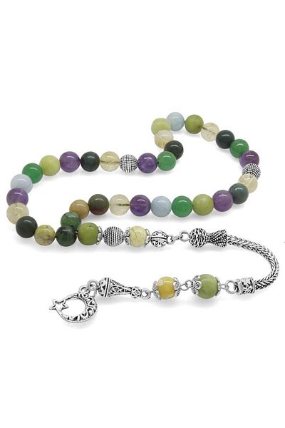Tesbihane Non-Tarnish Metal Tasseled Globe Cut Multi Natural Stone Combination Healing Rosary