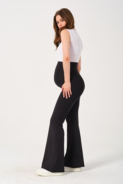 BUSA Hamile Yüksek Bel Toparlayıcı Beli Ayarlı Ispanyol Paça Hamile Tayt Siyah