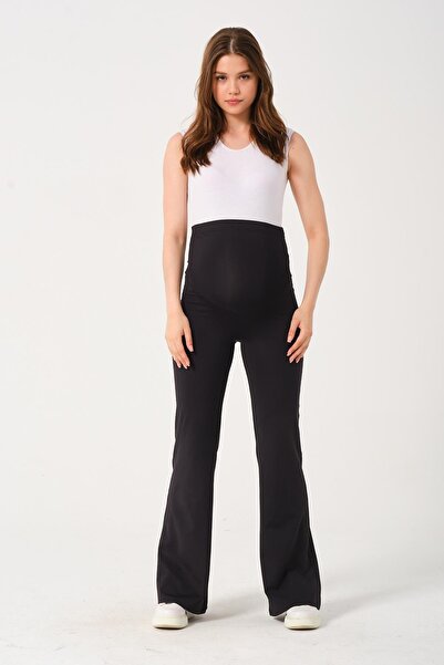 BUSA Hamile Yüksek Bel Toparlayıcı Beli Ayarlı Ispanyol Paça Hamile Tayt Siyah