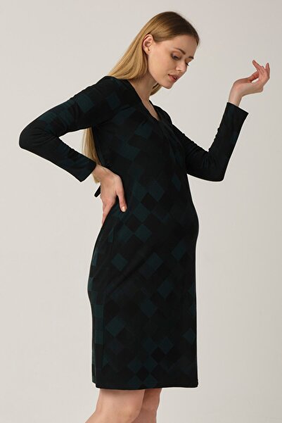 BUSA Hamile Desenli Arkadan Bağcıklı Mini Elbise Yeşil