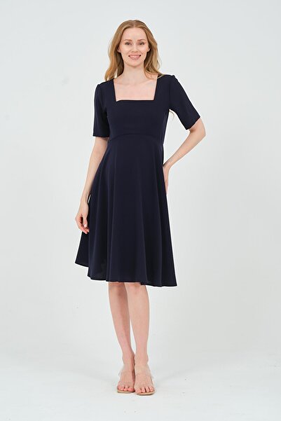 BUSA Hamile Midi Boy Kısa Kollu Kare Yaka Abiye Elbise Lacivert