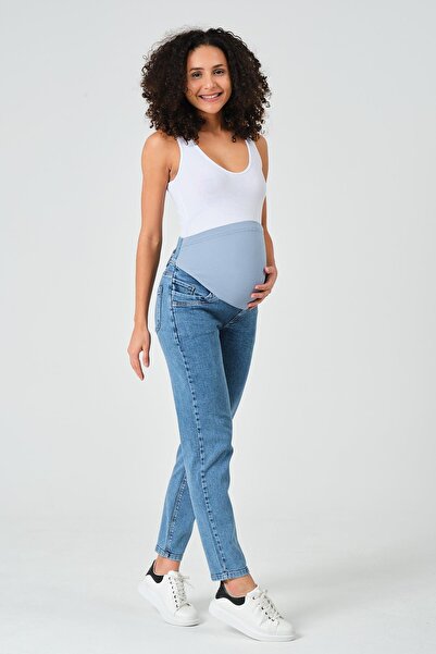 BUSA Pregnant Flexible Abdominal Banded Mom Fit Jeans Light Blue