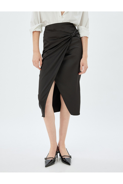 Koton Saten Etek Midi Boy Kruvaze Yırtmaç Detaylı Fiyonklu Slim Fit