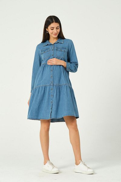 BUSA Rochie de maternitate din denim cu buzunare frontale si laterale albastre