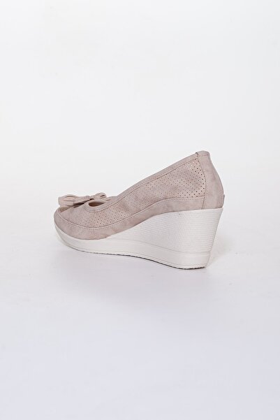 Dilimler Ayakkabı Wedge Sole Laser Cut Beige Women's Wedge Heeled Shoes