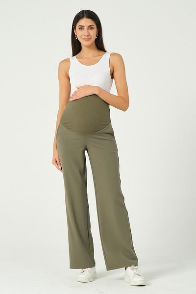 BUSA Khaki Colored Pregnant Gabardine Trousers - Flexible, Abdominal Band and Wide Leg