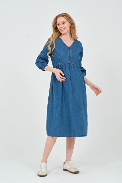 BUSA Μίντι τζιν φόρεμα εγκυμοσύνης με φερμουάρ με ελαστικό μανίκι μπλε