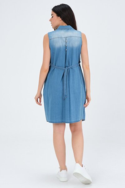 BUSA Μπλε τζιν φόρεμα εγκυμοσύνης με κουμπιά στο πλάι με τσέπες στη μέση