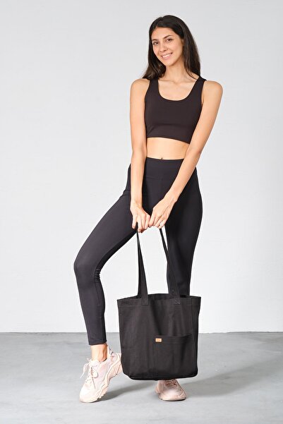 BUSA Raw Fabric Front Pocket Tote Shoulder Bag Black