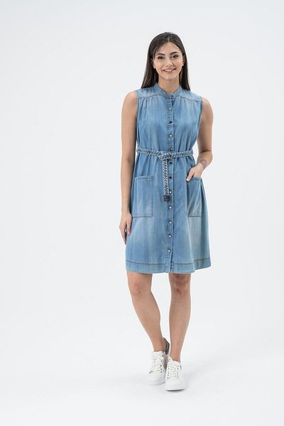BUSA Rochie de maternitate din denim cu mânecă zero, cu buzunar frontal, cu nasturi, albastră
