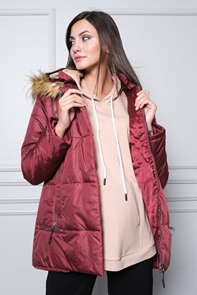 BUSA Hamile Fermuar Detaylı Şişme Hamile Mont Claret Red