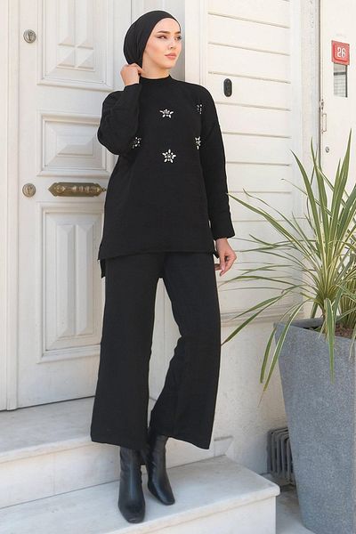 hafsamina Stoned Knitwear Suit Black HM2238